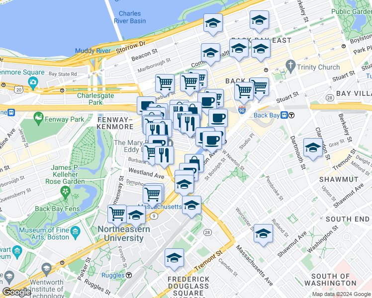 map of restaurants, bars, coffee shops, grocery stores, and more near 41 Clearway Street in Boston