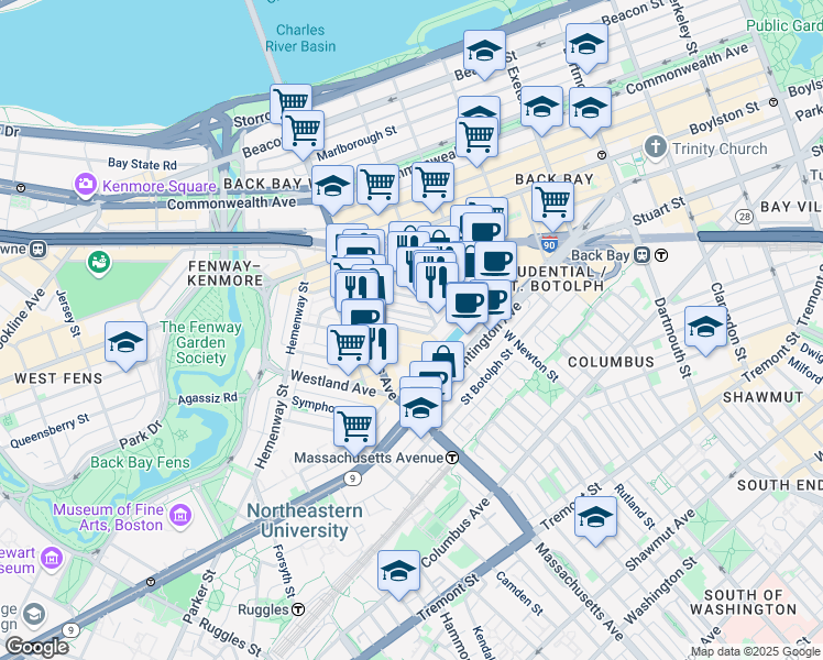 map of restaurants, bars, coffee shops, grocery stores, and more near 41 Clearway Street in Boston