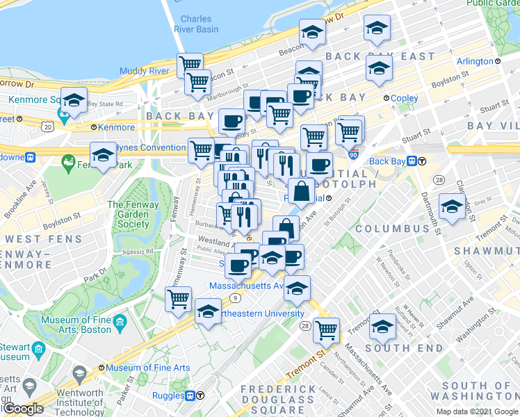 map of restaurants, bars, coffee shops, grocery stores, and more near 41 Clearway Street in Boston