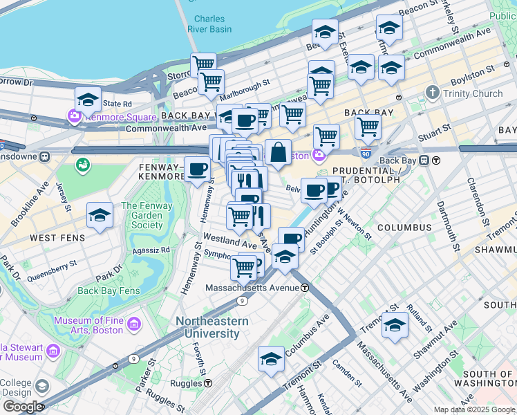 map of restaurants, bars, coffee shops, grocery stores, and more near 216 Massachusetts Avenue in Boston