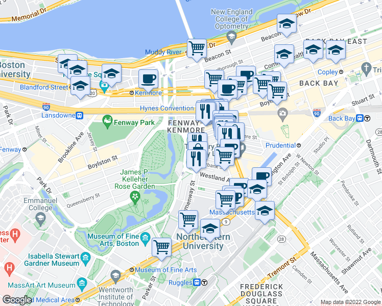 map of restaurants, bars, coffee shops, grocery stores, and more near 56-60 Hemenway Street in Boston