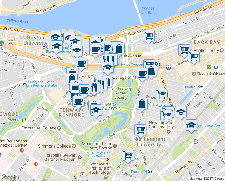 map of restaurants, bars, coffee shops, grocery stores, and more near Path Q in Boston