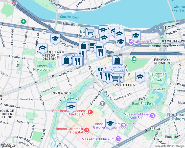map of restaurants, bars, coffee shops, grocery stores, and more near 440 Park Drive in Boston