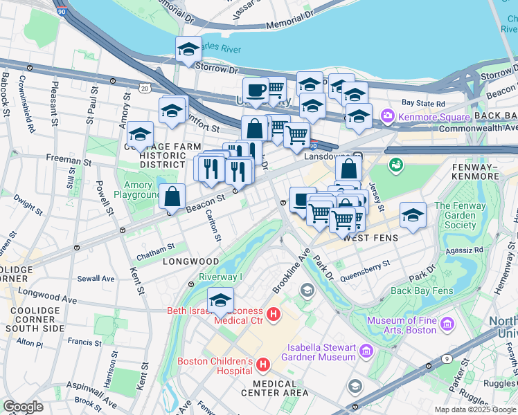 map of restaurants, bars, coffee shops, grocery stores, and more near 34 Medfield Street in Boston