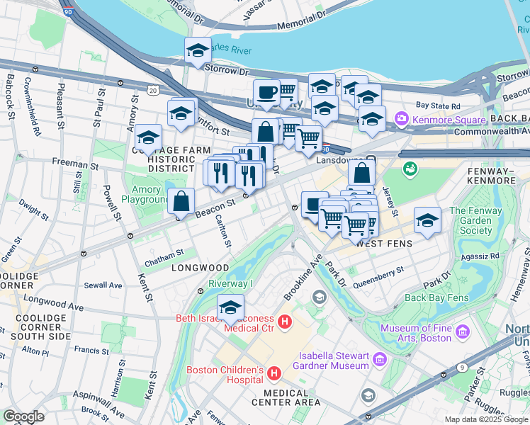 map of restaurants, bars, coffee shops, grocery stores, and more near 34 Medfield Street in Boston