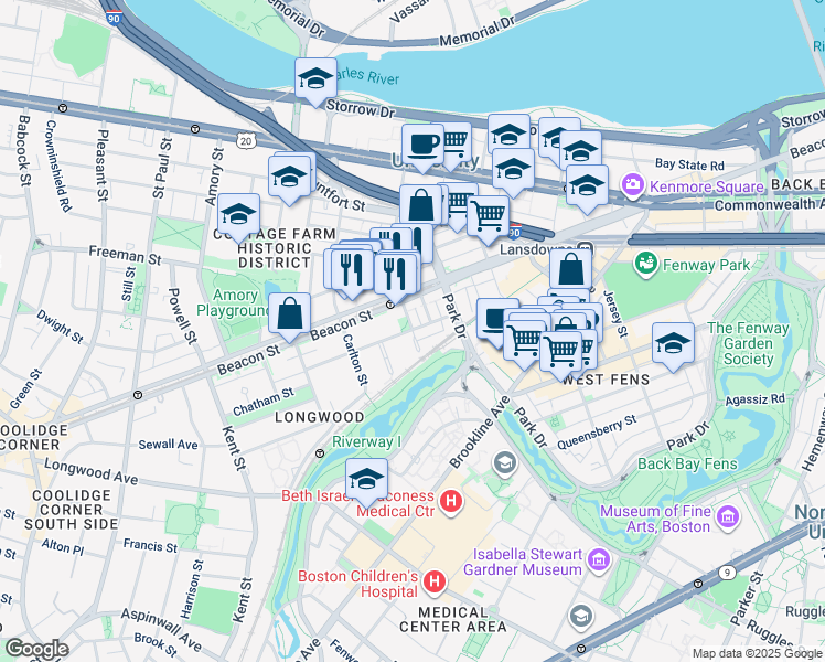 map of restaurants, bars, coffee shops, grocery stores, and more near 34 Medfield Street in Boston