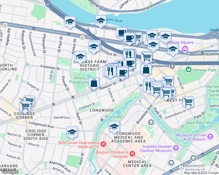 map of restaurants, bars, coffee shops, grocery stores, and more near 46 Carlton Street in Brookline