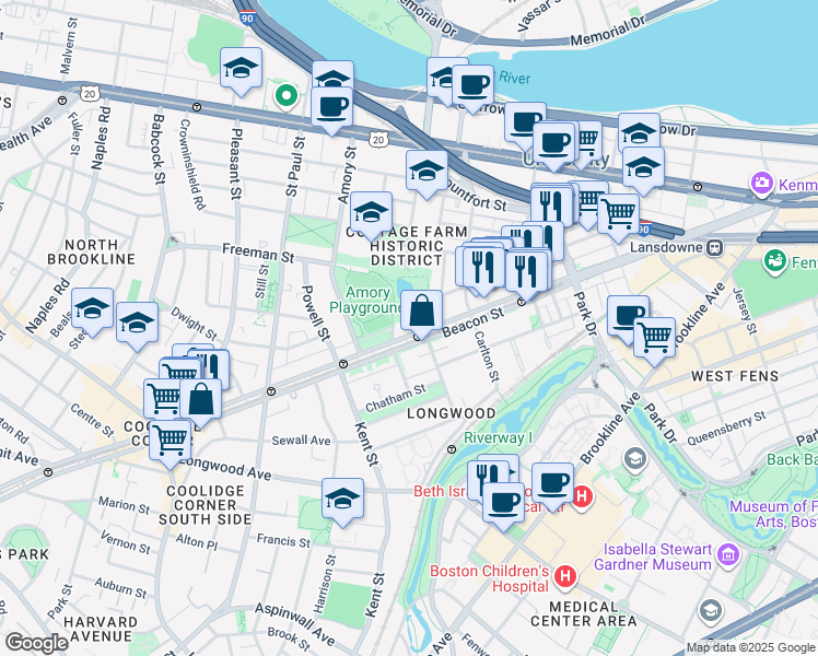 map of restaurants, bars, coffee shops, grocery stores, and more near 1110 Beacon Street in Brookline