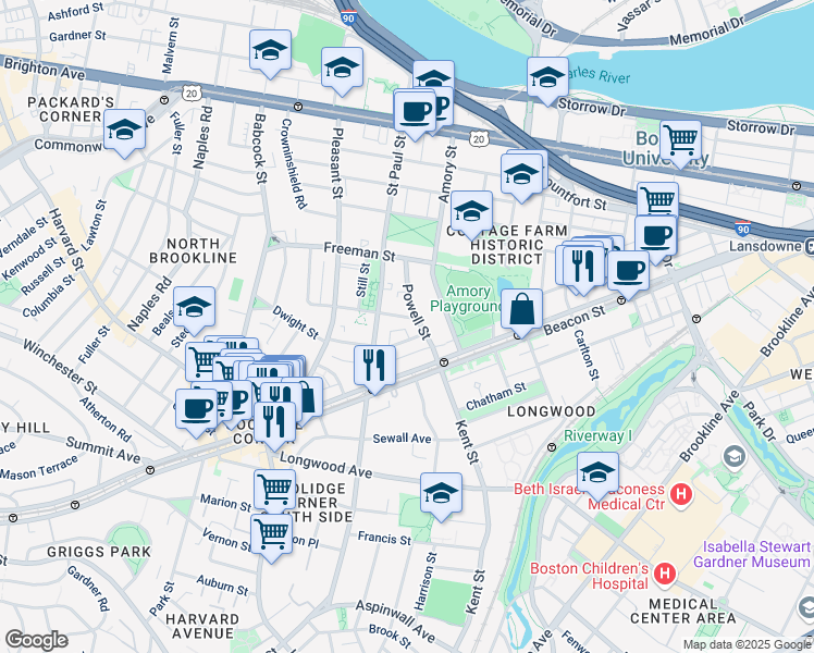 map of restaurants, bars, coffee shops, grocery stores, and more near 21 Powell Street in Brookline