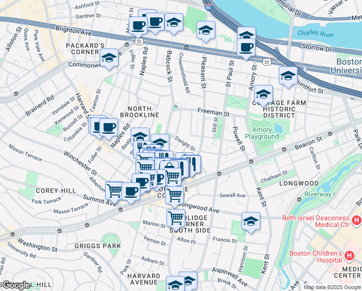 map of restaurants, bars, coffee shops, grocery stores, and more near 62 Green Street in Brookline