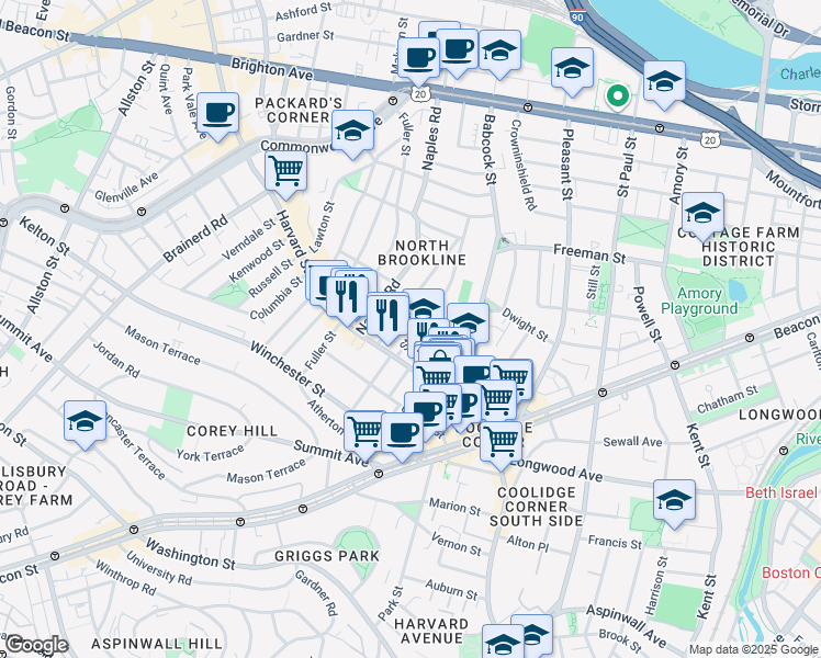 map of restaurants, bars, coffee shops, grocery stores, and more near in Brookline