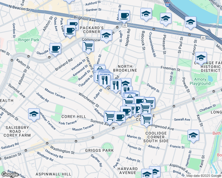 map of restaurants, bars, coffee shops, grocery stores, and more near 13 Beals Street in Brookline