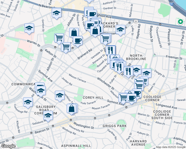 map of restaurants, bars, coffee shops, grocery stores, and more near 183 Winchester Street in Brookline