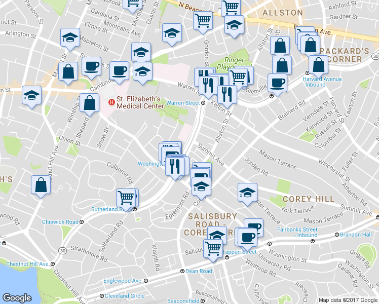map of restaurants, bars, coffee shops, grocery stores, and more near 1542 Commonwealth Avenue in Boston