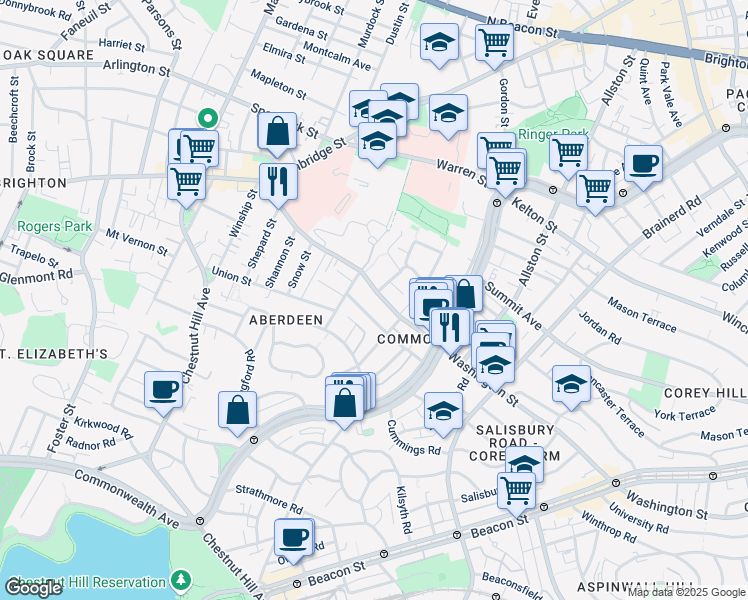 map of restaurants, bars, coffee shops, grocery stores, and more near 127 Washington Street in Boston