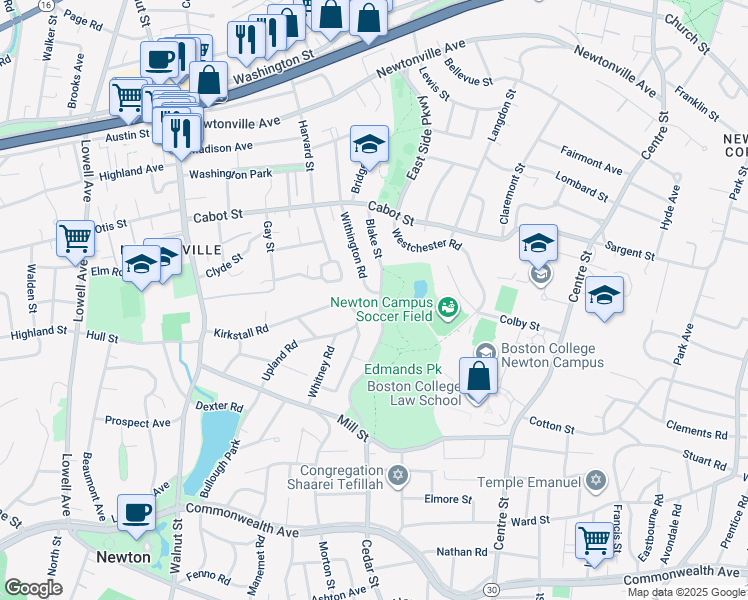map of restaurants, bars, coffee shops, grocery stores, and more near 148 Kirkstall Road in Newton