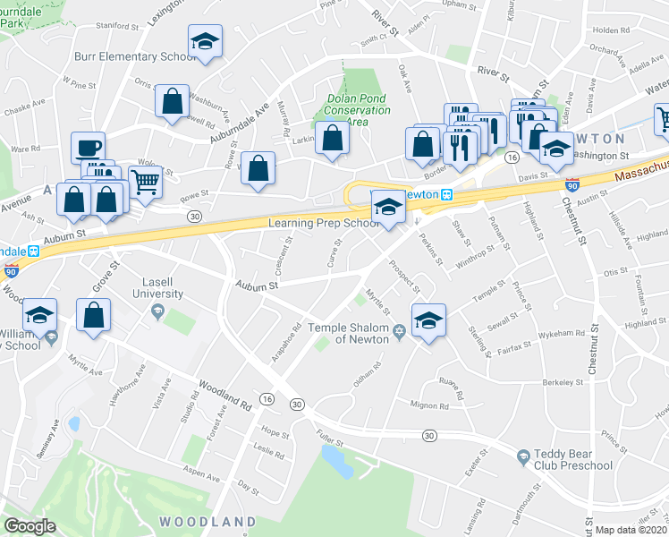 map of restaurants, bars, coffee shops, grocery stores, and more near 45 Auburn Street in Newton