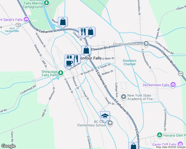 map of restaurants, bars, coffee shops, grocery stores, and more near 207 Owego Street in Montour Falls