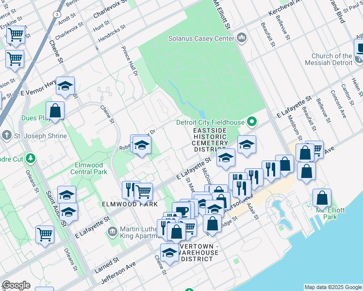 map of restaurants, bars, coffee shops, grocery stores, and more near 3152 Woods Circle Drive in Detroit