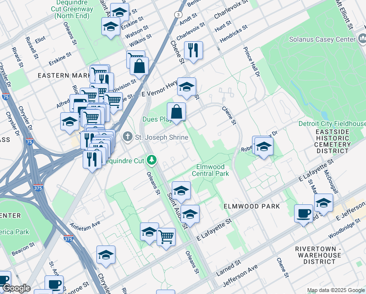 map of restaurants, bars, coffee shops, grocery stores, and more near 2140 Hyde Park Drive in Detroit