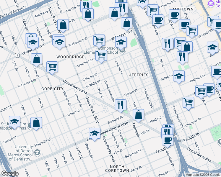 map of restaurants, bars, coffee shops, grocery stores, and more near 3977 Commonwealth Street in Detroit