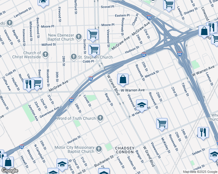 map of restaurants, bars, coffee shops, grocery stores, and more near 4032 West Warren Avenue in Detroit