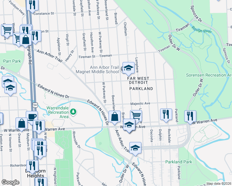 map of restaurants, bars, coffee shops, grocery stores, and more near 7458 Beaverland Street in Detroit