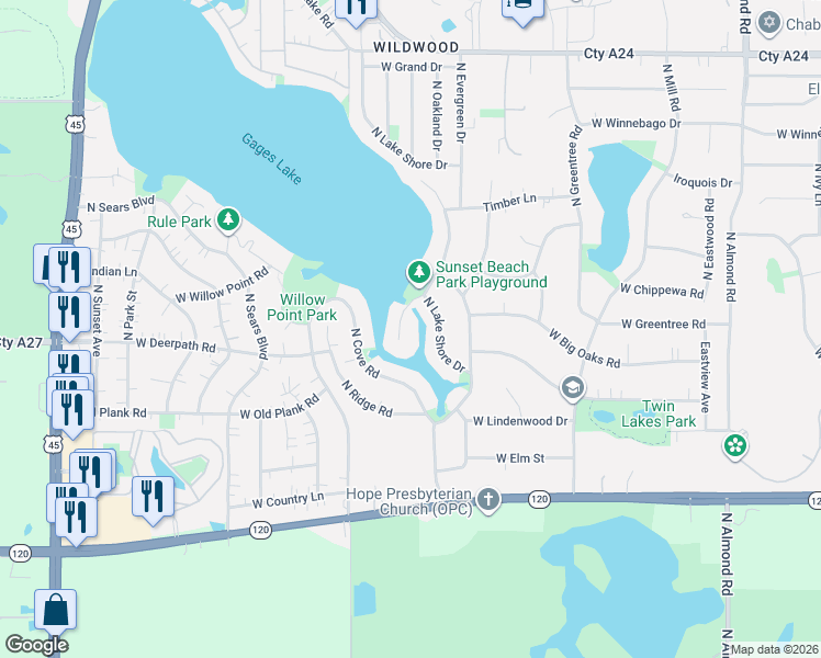 map of restaurants, bars, coffee shops, grocery stores, and more near 33198 North Island Avenue in Grayslake