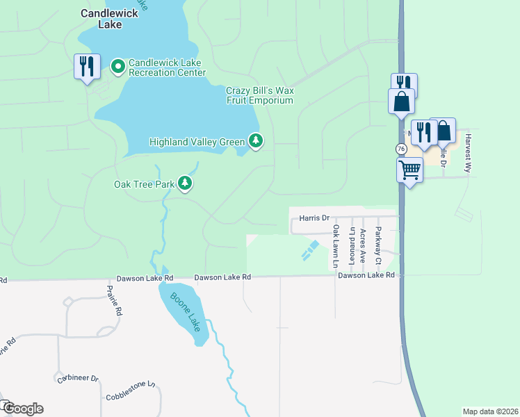 map of restaurants, bars, coffee shops, grocery stores, and more near 2207 Candlewick Drive Southwest in Poplar Grove
