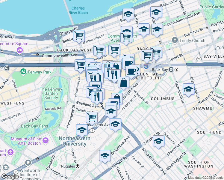 map of restaurants, bars, coffee shops, grocery stores, and more near 60 Clearway Street in Boston
