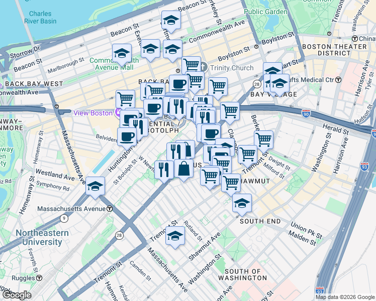 map of restaurants, bars, coffee shops, grocery stores, and more near in Boston