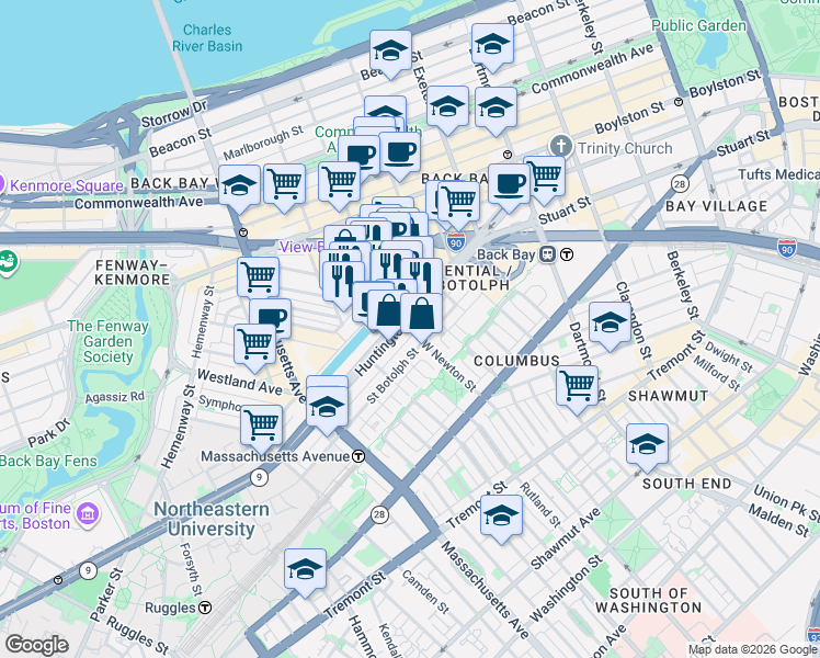 map of restaurants, bars, coffee shops, grocery stores, and more near 142 Huntington Avenue in Boston