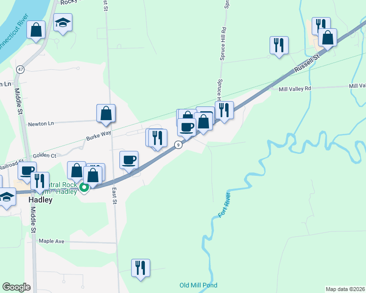 map of restaurants, bars, coffee shops, grocery stores, and more near 215 Russell Street in Hadley