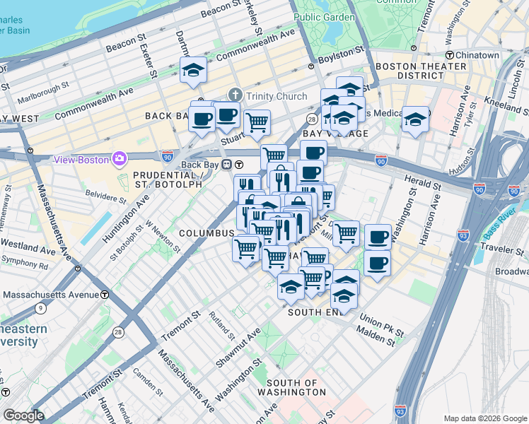 map of restaurants, bars, coffee shops, grocery stores, and more near in Boston