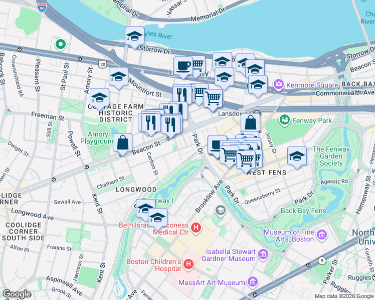 map of restaurants, bars, coffee shops, grocery stores, and more near 34 Medfield Street in Boston