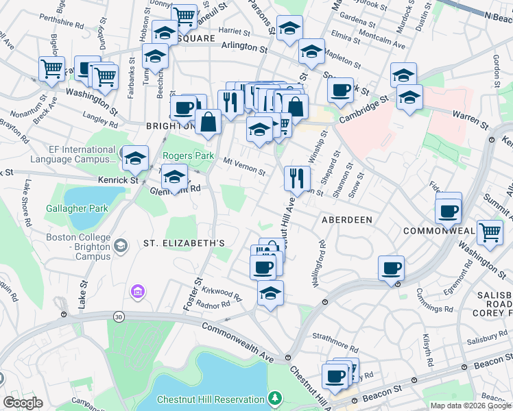 map of restaurants, bars, coffee shops, grocery stores, and more near 127 Academy Hill Road in Boston