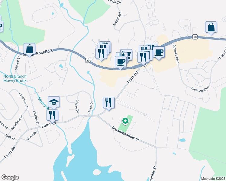map of restaurants, bars, coffee shops, grocery stores, and more near 714 Farm Road in Marlborough