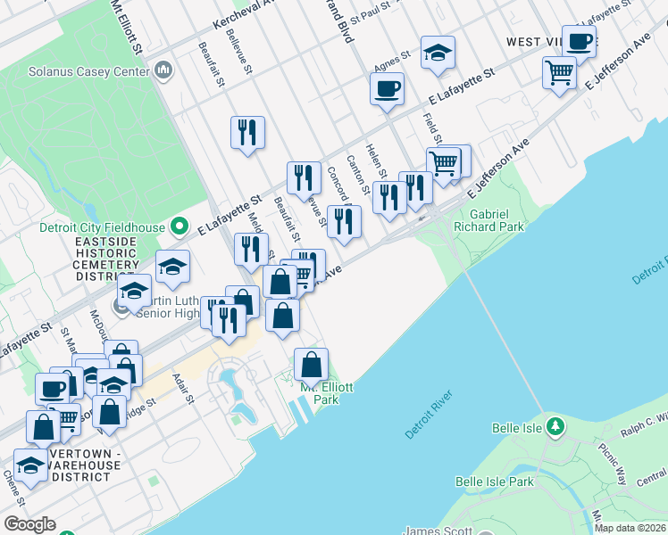 map of restaurants, bars, coffee shops, grocery stores, and more near 6500 East Jefferson Avenue in Detroit