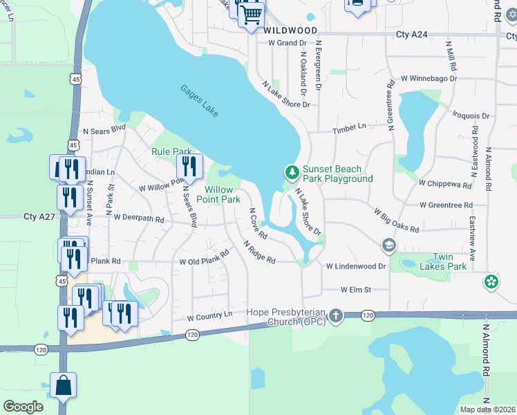 map of restaurants, bars, coffee shops, grocery stores, and more near 33192 North Cove Road in Grayslake
