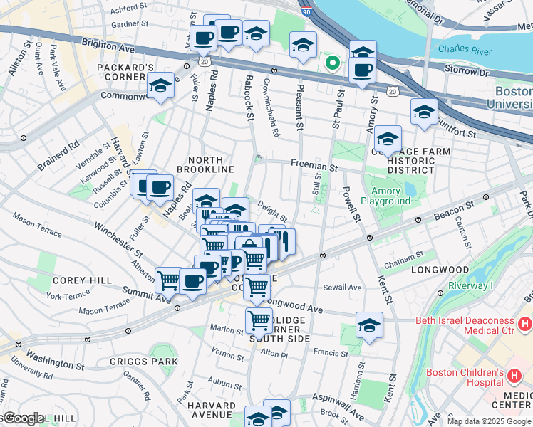 map of restaurants, bars, coffee shops, grocery stores, and more near 62 Green Street in Brookline