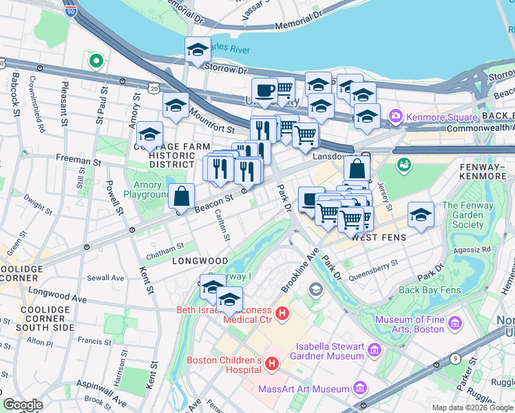 map of restaurants, bars, coffee shops, grocery stores, and more near St Marys St in Brookline