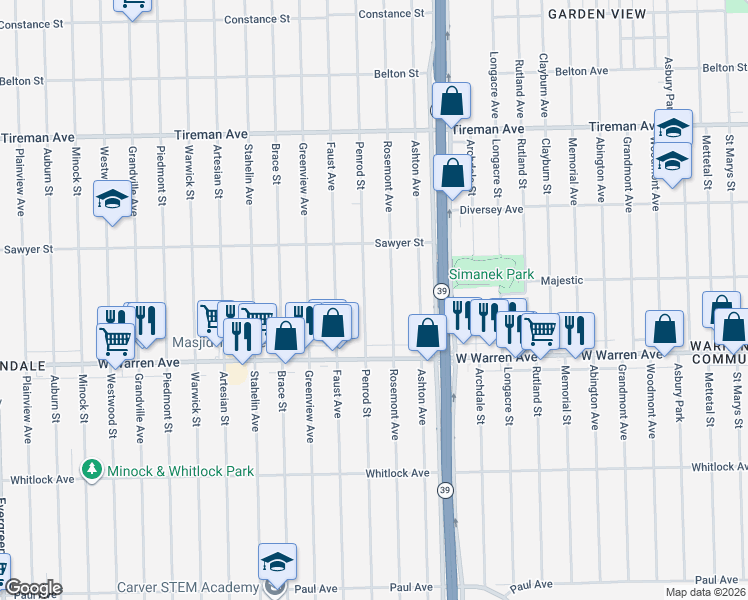 map of restaurants, bars, coffee shops, grocery stores, and more near 7303 Rosemont Avenue in Detroit