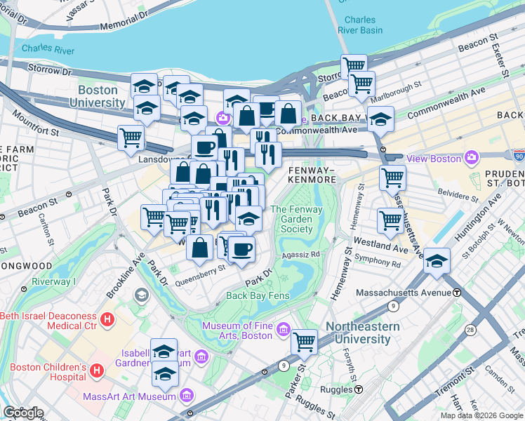 map of restaurants, bars, coffee shops, grocery stores, and more near Boylston St & Ipswich St in Boston