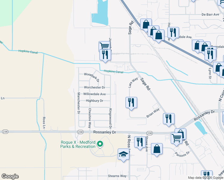 map of restaurants, bars, coffee shops, grocery stores, and more near 2212 Kingswood Drive in Medford