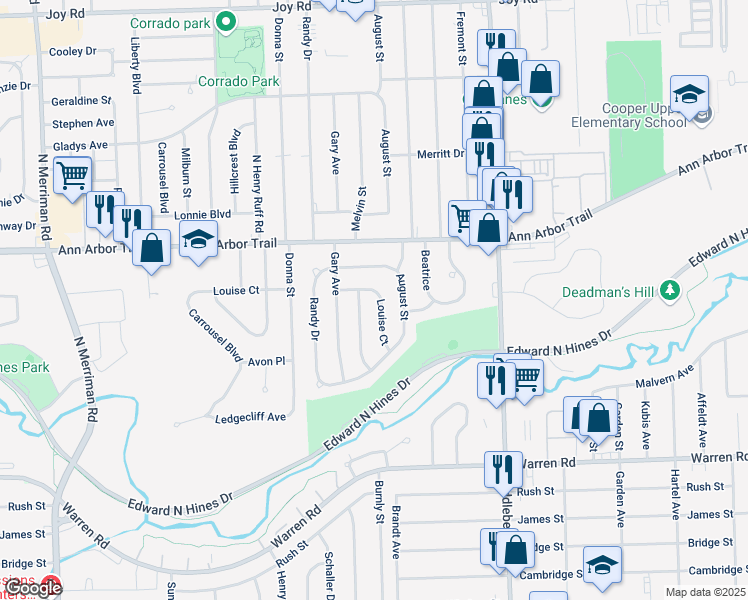 map of restaurants, bars, coffee shops, grocery stores, and more near 7685 Louise Court in Westland