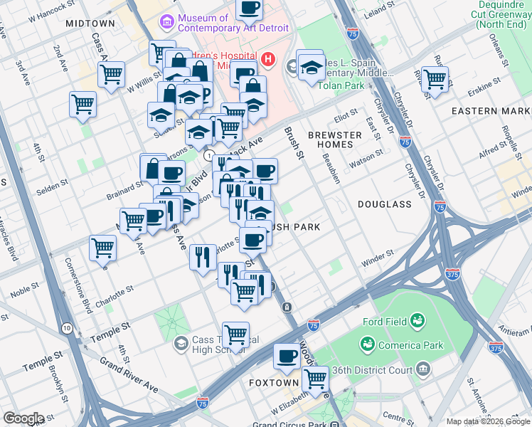 map of restaurants, bars, coffee shops, grocery stores, and more near 54 Watson Street in Detroit