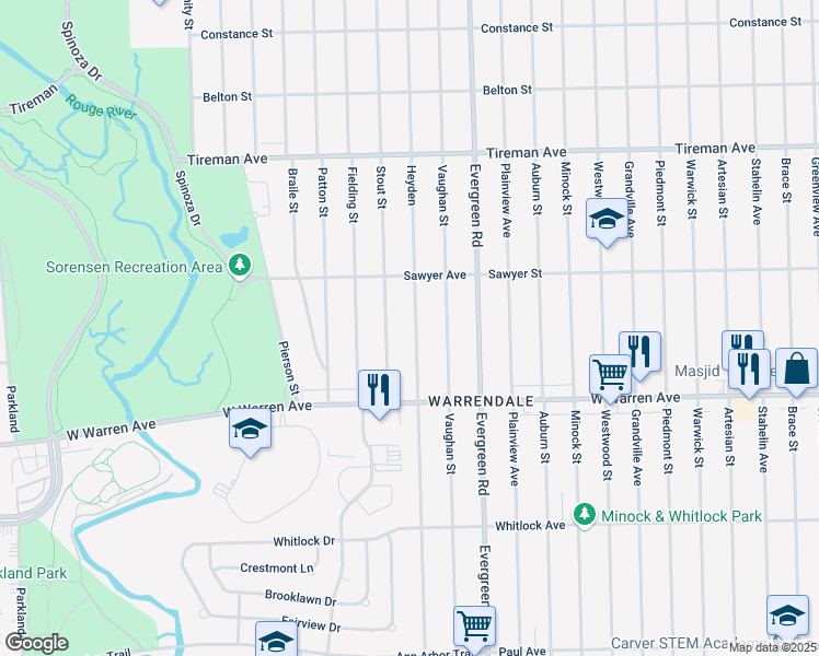 map of restaurants, bars, coffee shops, grocery stores, and more near 7347 Heyden St in Detroit