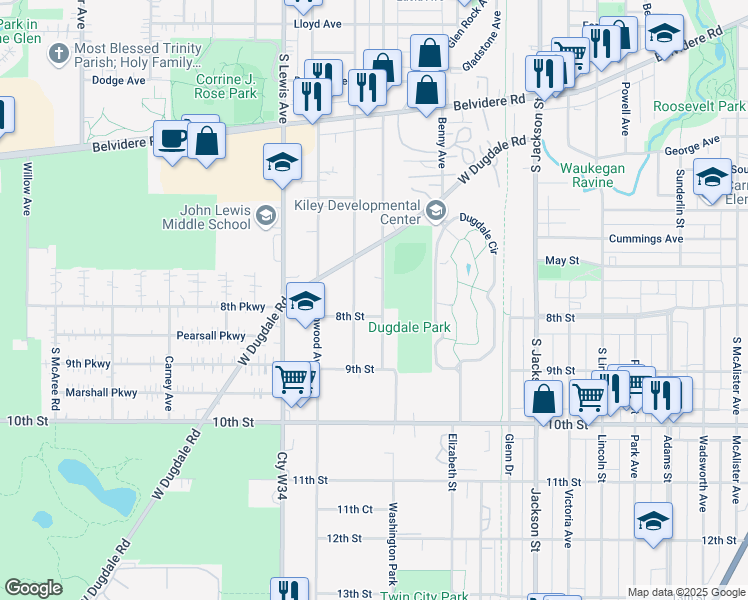map of restaurants, bars, coffee shops, grocery stores, and more near 754 Washington Park in Waukegan