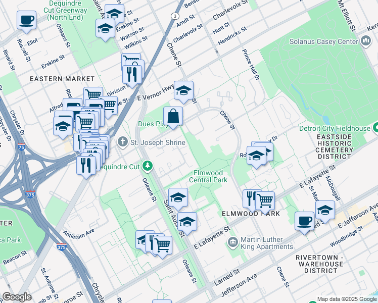 map of restaurants, bars, coffee shops, grocery stores, and more near 2154 Hyde Park Road in Detroit