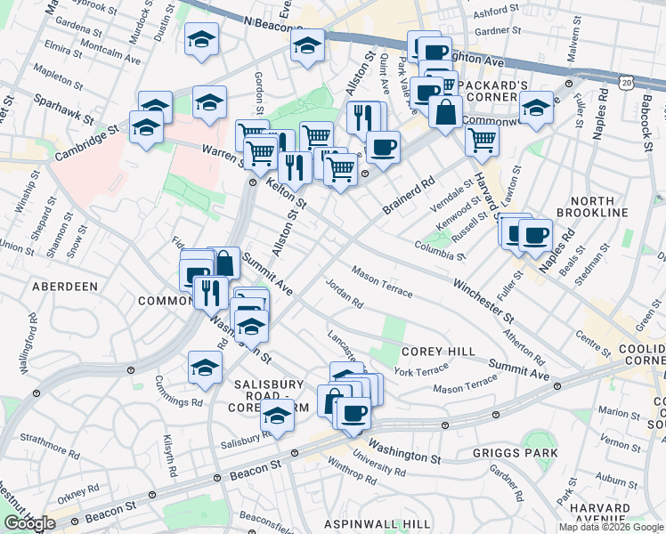 map of restaurants, bars, coffee shops, grocery stores, and more near 322 Mason Terrace in Brookline